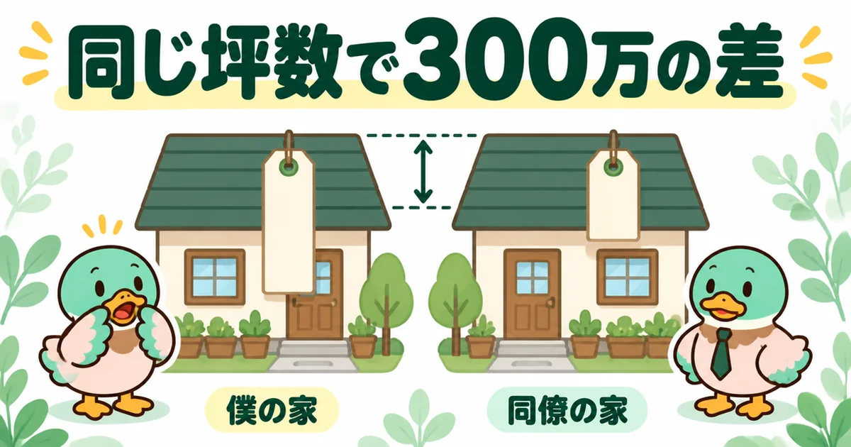 比べずに建てたあいみつの家と同僚の家が、同じ坪数で300万円違ったことを2軒の家と値札で示した図解。