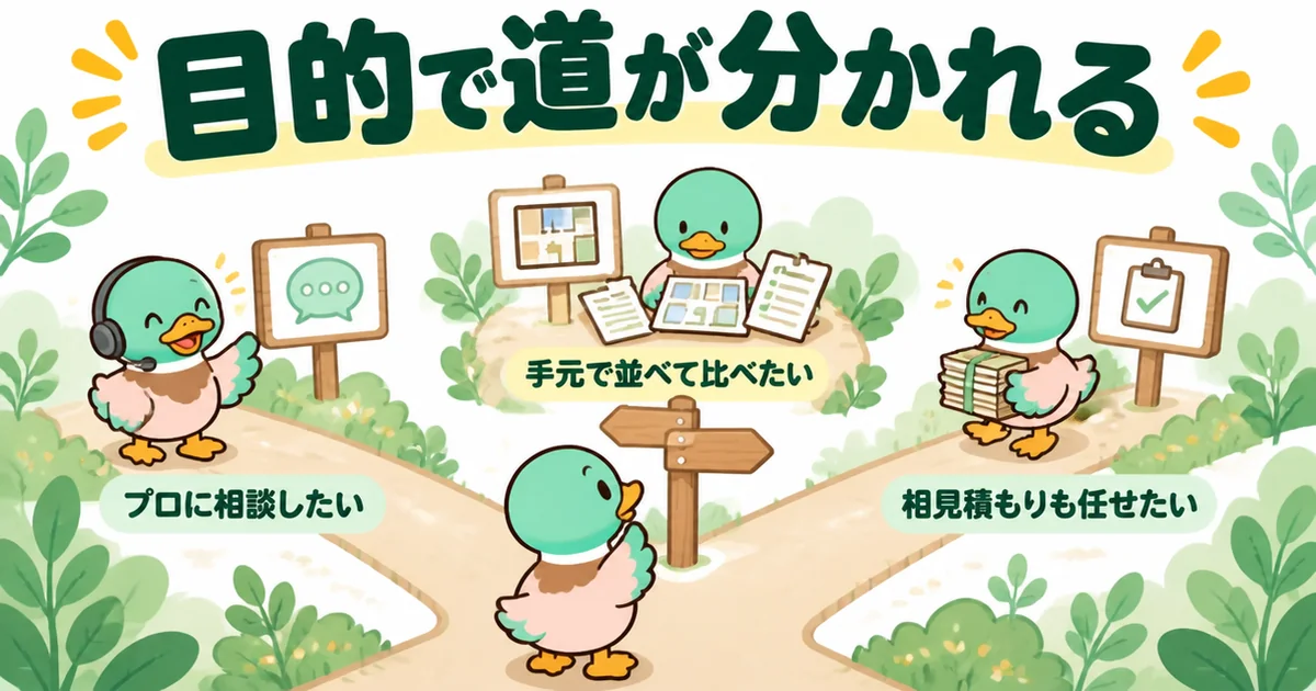 相談したいなら家づくりのとびら、手元で比べたいならタウンライフ家づくり、相見積もりも任せたいならハウジングバザールと目的別に分かれる道の図解。
