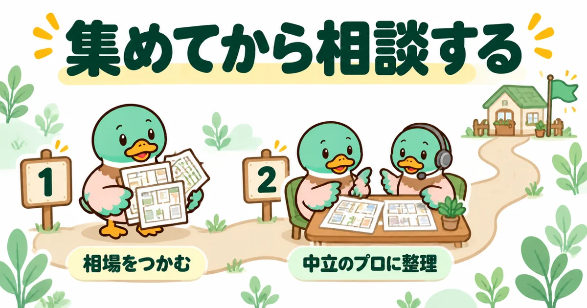 まず複数社の間取りと見積もりを集めて相場をつかみ、迷ったら家づくりのとびらで中立のプロに整理してもらう順番の図解。