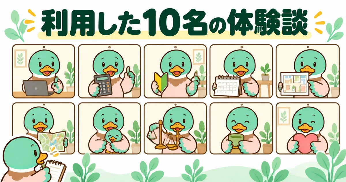 家づくりのとびらを実際に利用した10名の体験談を、10枚の画面に映るカモたちとメモを取るあいみつで表したイラスト。