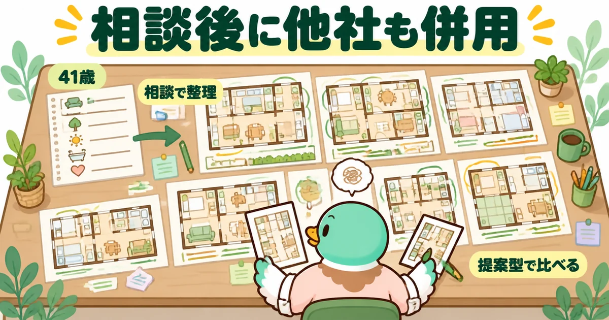 家づくりのとびらの体験談で、相談で条件を整理した後に提案型のサービスで間取り図を並べて比べるカモのイラスト。