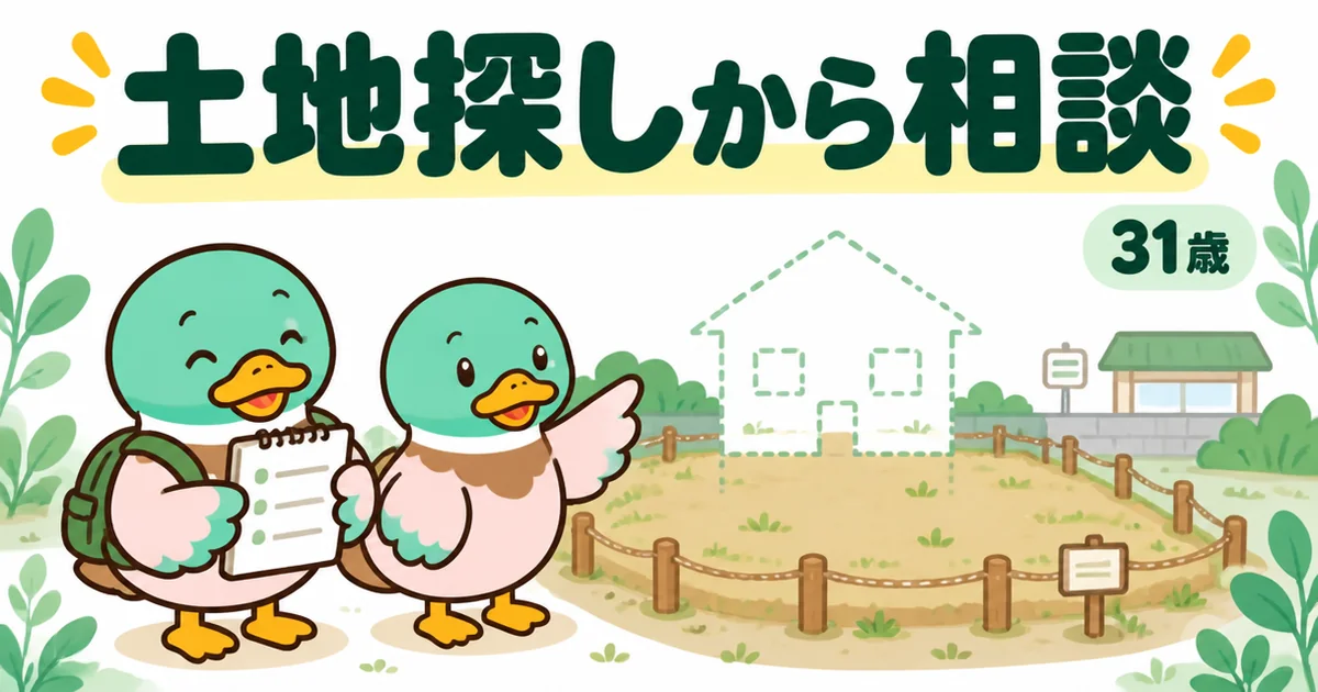 家づくりのとびらの体験談で、土地探しの段階から相談し、予算配分のメモを持って空き地を内見する夫婦のカモ。