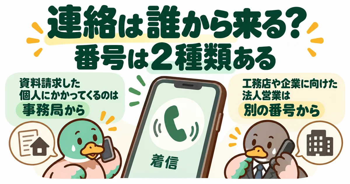 資料請求者への事務局の連絡と、工務店などに向けた法人営業の番号を区別する図。