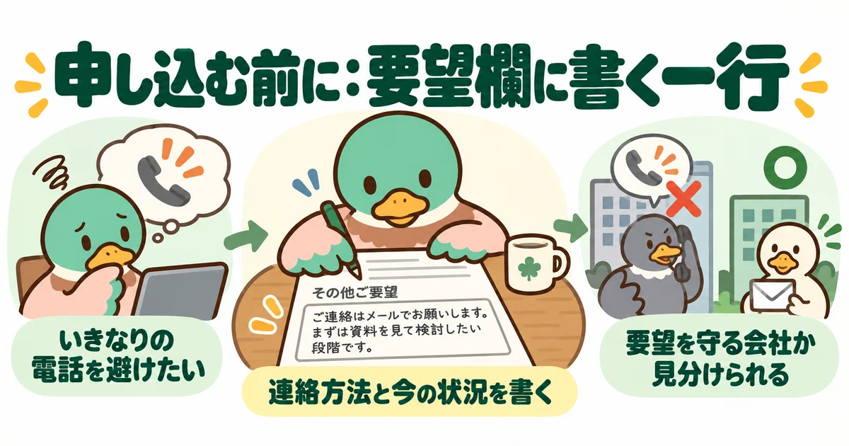 連絡はメール希望と要望欄に書き、検討段階を伝えるあいみつ。