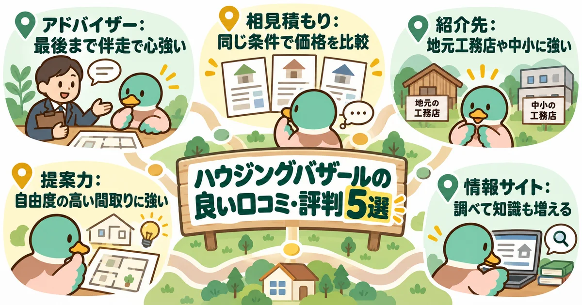 相談、相見積もり、地元工務店、間取り、情報収集という良い口コミの要点を示す図。