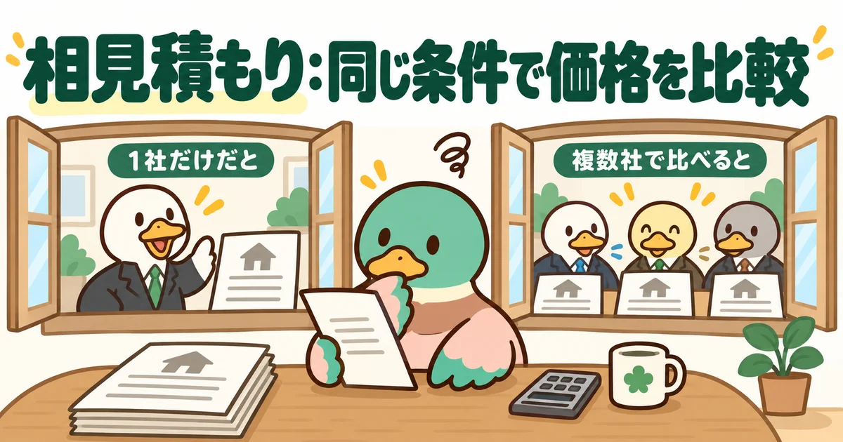 同じ条件の見積もりを並べ、価格や提案を比べるあいみつ。