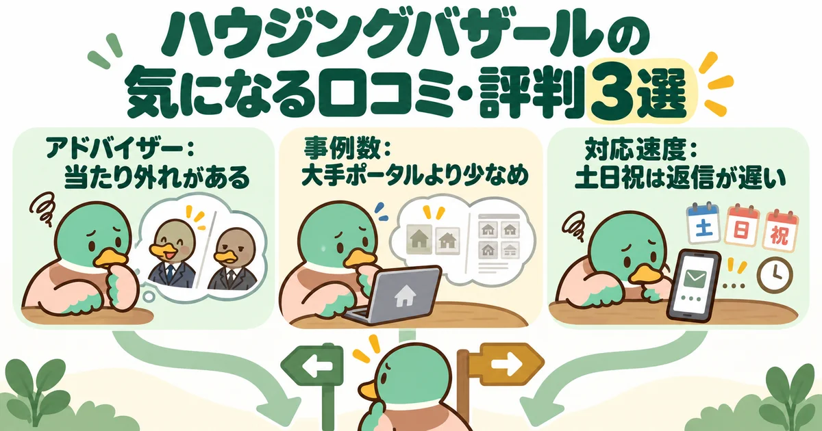 担当者との相性、事例数、返信の時期という気になる口コミを整理する図。