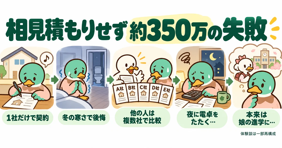 見積もりや家計の書類を見つめ、比較しなかった約350万円の後悔を振り返るあいみつ。