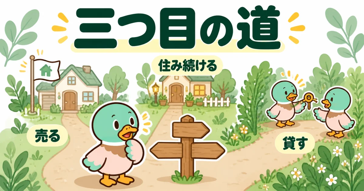 売る・住み続けるに加えて、貸すという三つ目の道を数字で見られることを3方向の道しるべで示した図解。
