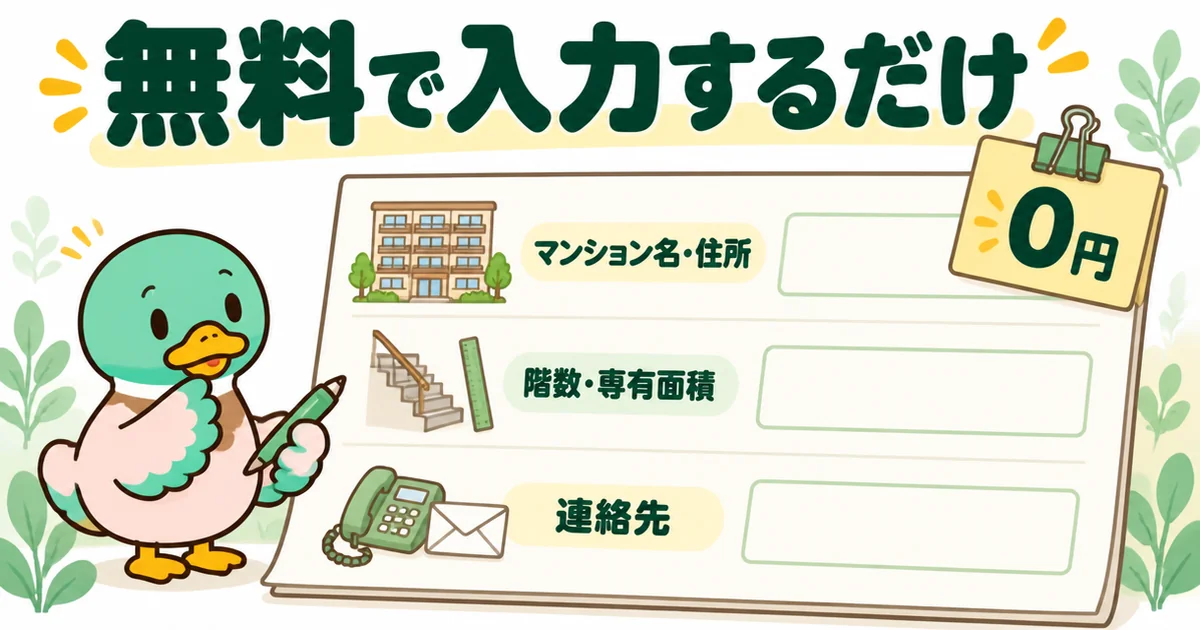 マンションナビの一括査定はマンション名や住所などの物件情報と連絡先を入れるだけで無料で使えることを示したイラスト。