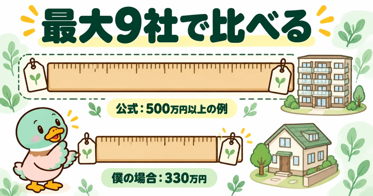 マンションナビ公式が挙げる500万円以上の差の例と、あいみつの5社査定での330万円の開きを物差しで並べたイラスト。