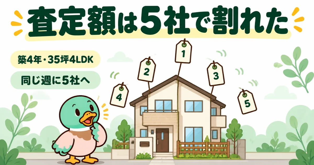 築4年・35坪4LDKの同じ家を同じ週に5社へ出したら、査定額が5通りに割れたことを値札で表したイラスト。