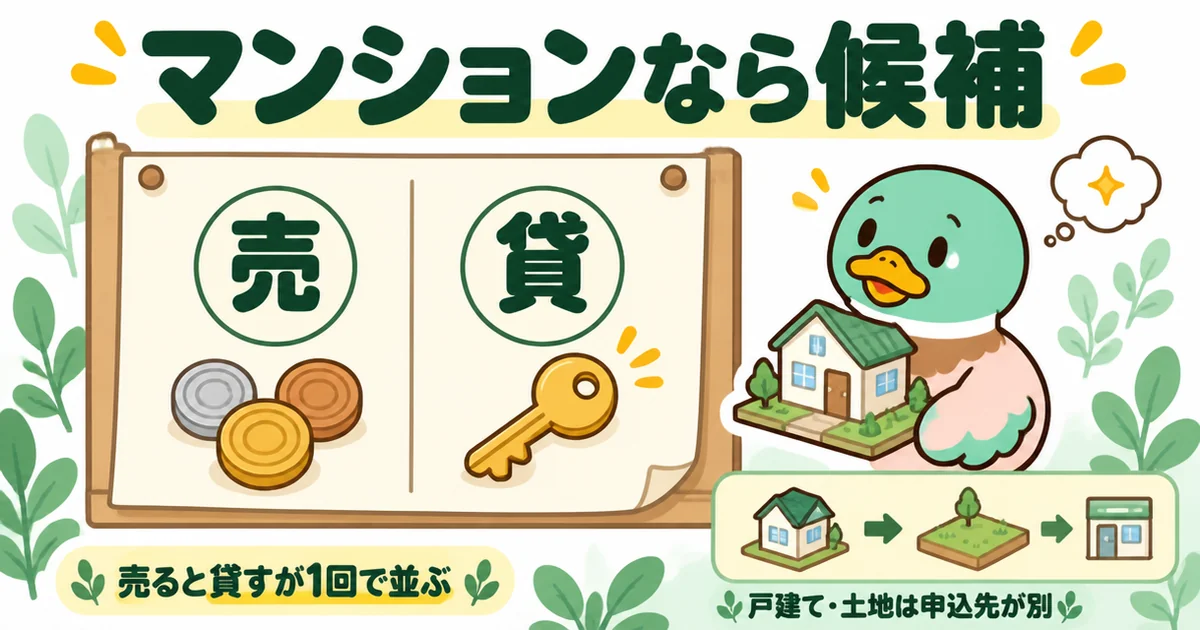 マンションナビの評判のまとめとして、マンションなら売ると貸すが1回で並ぶ候補になることを2列の紙で表したイラスト。
