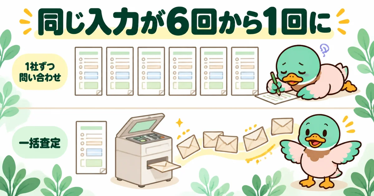 1社ずつだと同じ物件情報を6回入力するところを一括査定なら1回で済むことを上下に比べた、ズバット不動産売却の評判記事の図解。