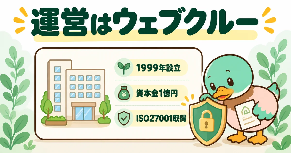 ズバット不動産売却の評判を見るうえで確認したい運営会社ウェブクルーの設立年・資本金・ISO27001取得を会社概要カードで示したイラスト。