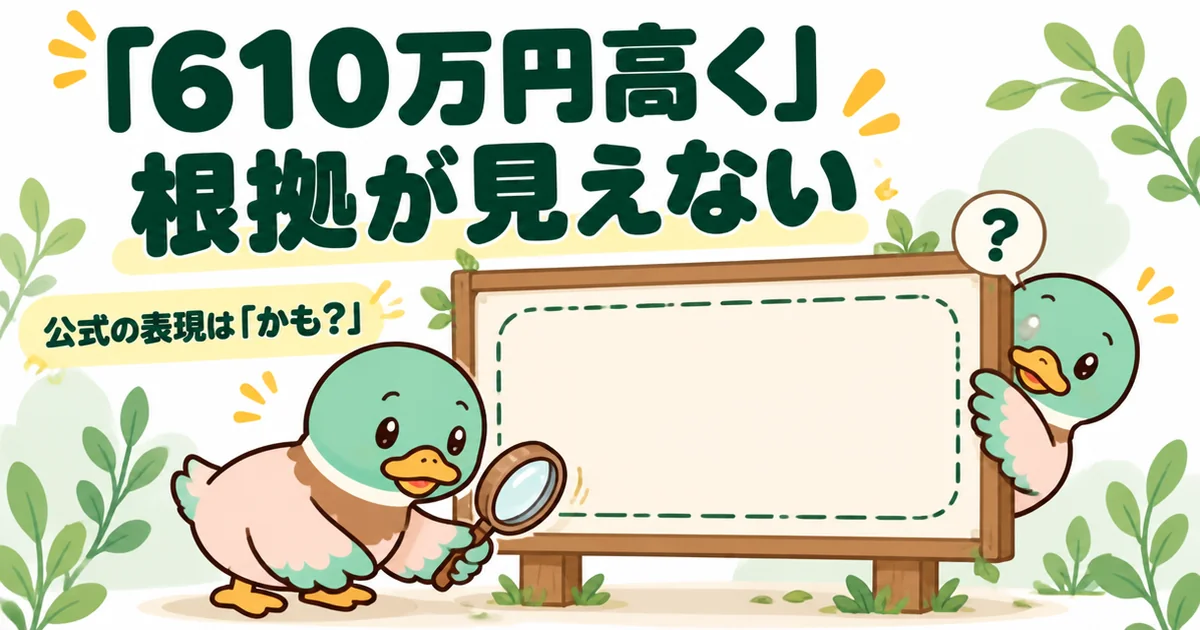ズバット不動産売却の評判で気になる610万円高く売れるかもという数字の但し書きを、あいみつが虫めがねで探しているイラスト。