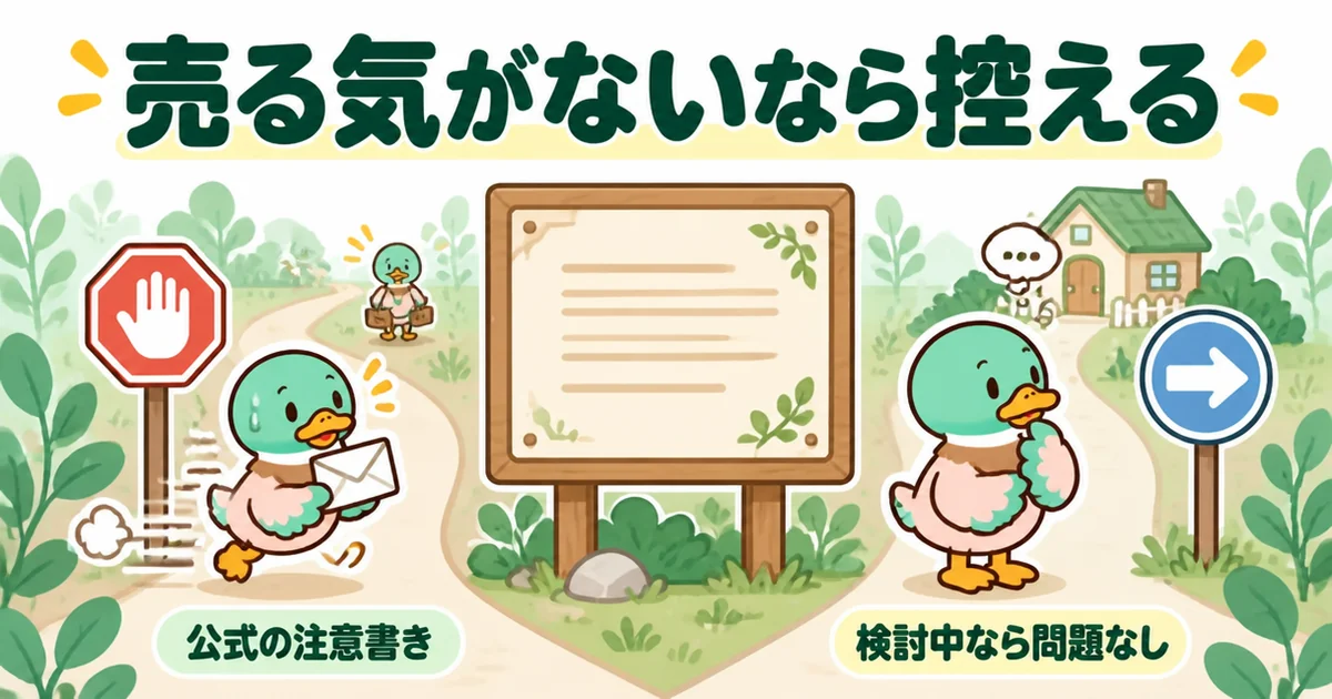 ズバット不動産売却の公式が売る気のない査定依頼は控えるよう書いていることを、止まれの標識と進める標識で表したイラスト。