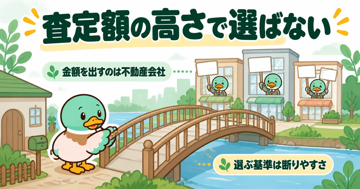 査定額を出すのは不動産会社でサイトは橋渡し役だと示し、ズバット不動産売却の評判を金額以外の基準で見ることを表したイラスト。