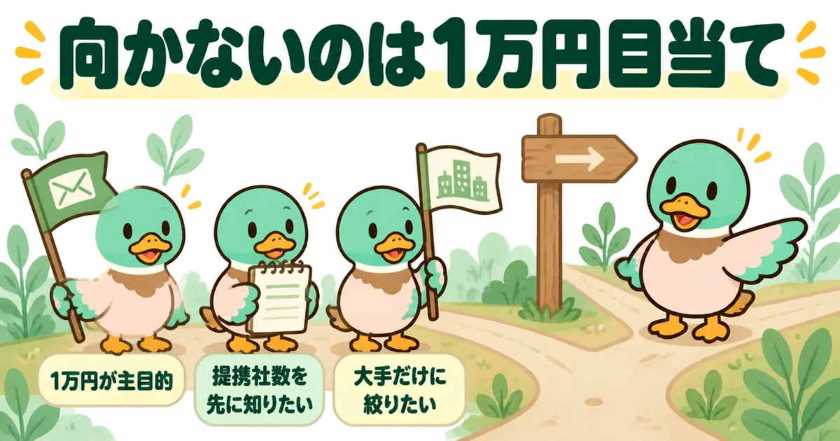 ズバット不動産売却の評判から、現金1万円が主目的の人や提携社数を先に知りたい人には向かないことを3羽のカモで示したイラスト。