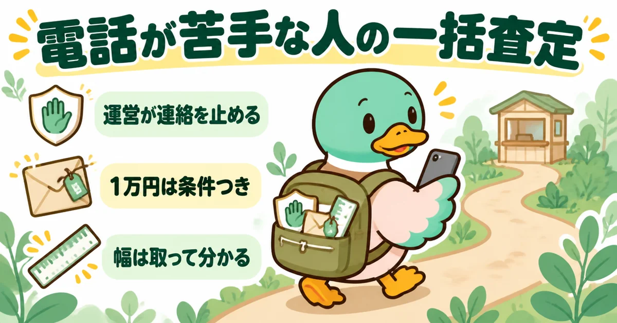 ズバット不動産売却の評判のまとめとして、運営の連絡停止・条件つきの現金1万円・査定の幅の3点を持って歩き出すあいみつのイラスト。