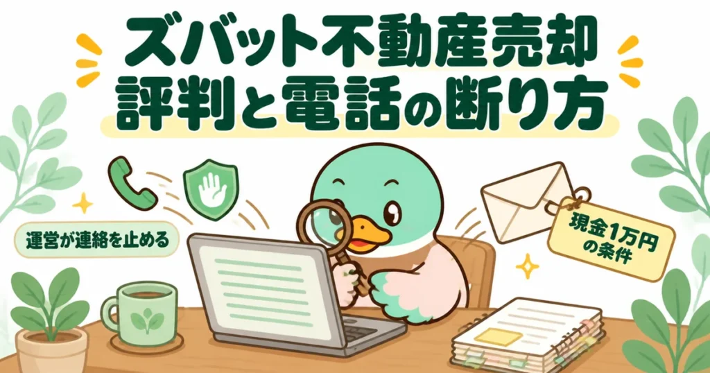 ズバット不動産売却の評判を調べるため、あいみつが虫めがねで公式ページを読み、電話の窓口と現金1万円の条件を確かめているイラスト。