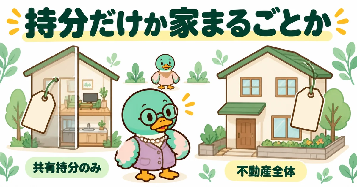 共有持分だけの価値と不動産全体の価値を並べて見比べる年配のカモを描いた、いえカツLIFEの評判にある利用者の声の図解。