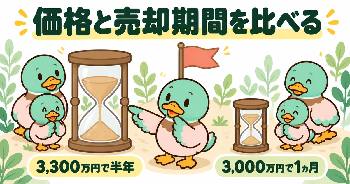 いえカツLIFEの評判で一番の特徴とされる、査定価格だけでなく売却期間も並べて比べられる点を値札と砂時計で表したイラスト。