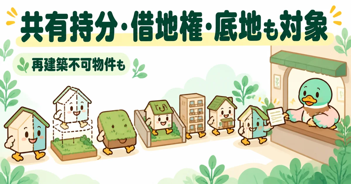 いえカツLIFEの評判で挙がる、共有持分・借地権・底地・再建築不可物件も最初から査定対象に並んでいる点を物件の列で表したイラスト。