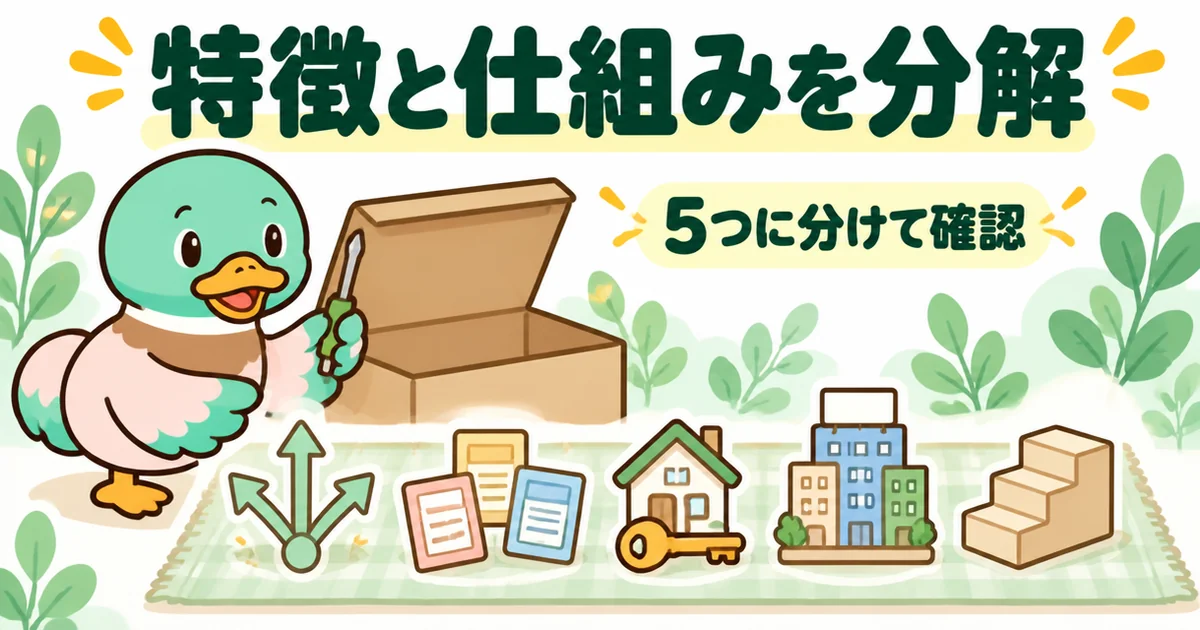 いえカツLIFEの評判に続いて、サービスの特徴と仕組みを5つの部品に分解して並べるあいみつのイラスト。
