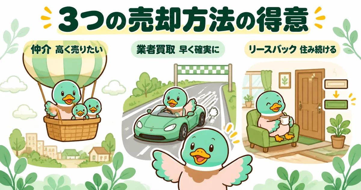 いえカツLIFEで比べられる3つの売却方法の得意を、仲介は高く、業者買取は早く確実に、リースバックは住み続けると乗り物で表したイラスト。