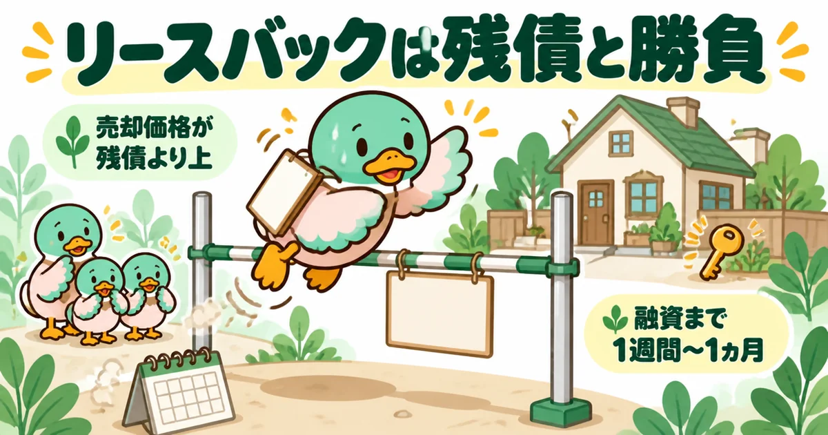 いえカツLIFEで比べられるリースバックは、売却価格がローン残債を上回ることが最初の関門になることを棒高跳びで表したイラスト。