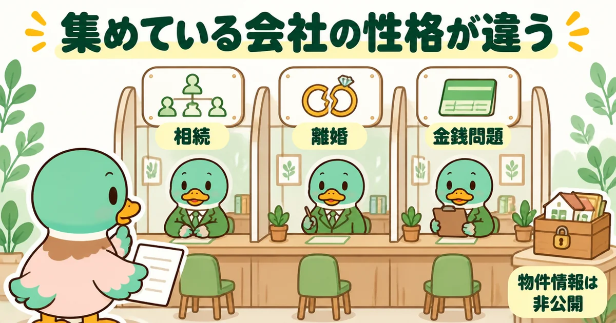 いえカツLIFEの評判で特徴的な、相続・離婚・金銭問題といった売却理由に詳しい不動産会社を集めている点を3つの窓口で表したイラスト。