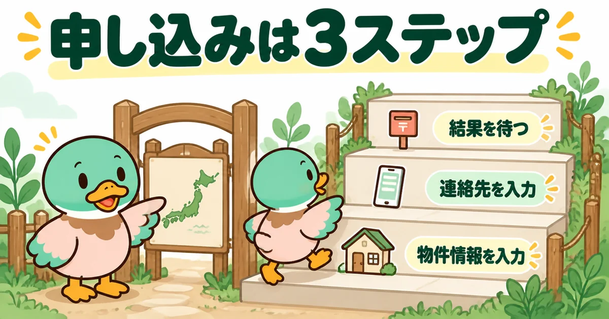 いえカツLIFEの申し込みを、対象エリアの確認の門と、物件情報・連絡先・結果を待つの3段の階段で表したイラスト。