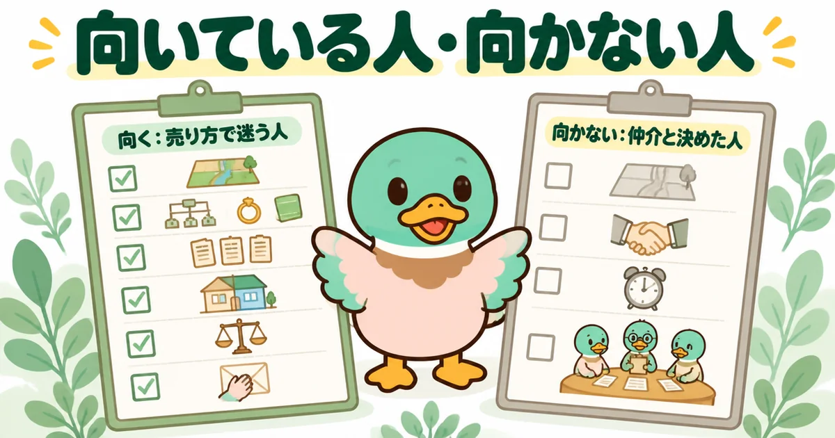 いえカツLIFEが向いている人と向かない人を、売り方で迷う人と仲介と決めている人に分けて2枚のチェックシートで示したイラスト。