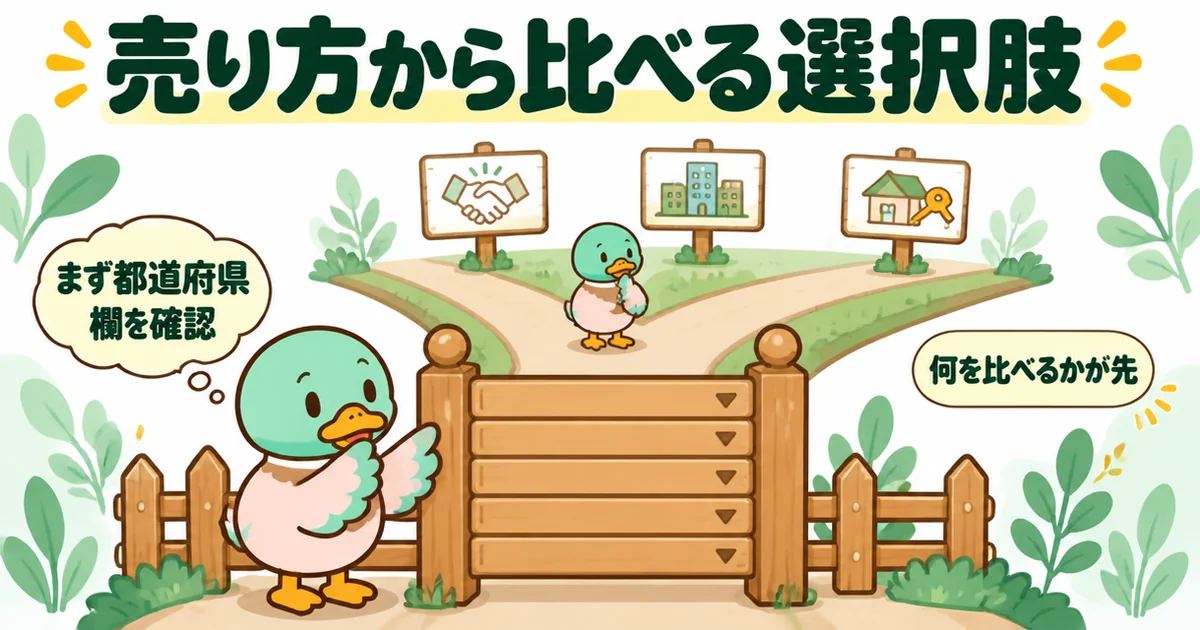 いえカツLIFEの評判のまとめとして、まず都道府県欄の門を確かめ、その先で3つの売り方を比べる道が分かれるイラスト。