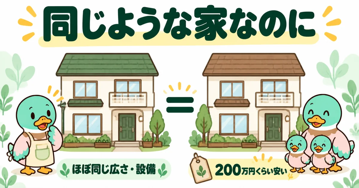 ほぼ同じ広さと設備の2軒で、友人の家の建物の値段が200万円くらい安かったことを並べて示す、資料請求の実話の図解。