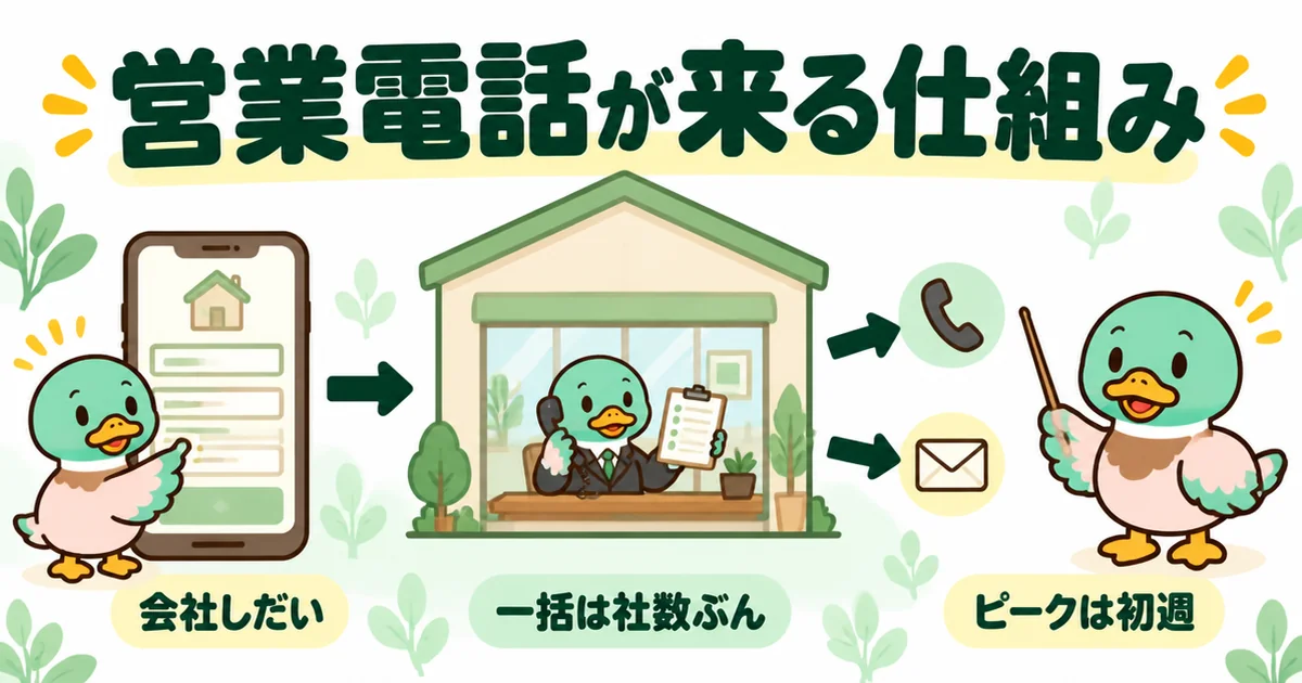 注文住宅の資料請求をすると住宅会社のリストに入り、電話やメールが届く仕組みをあいみつが流れ図で説明する図。