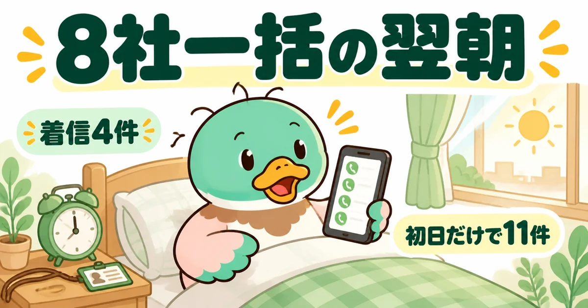 8社に一括で資料請求した翌朝、スマホに着信が4件並んでいて驚く34歳の会社員のカモを描いた場面。