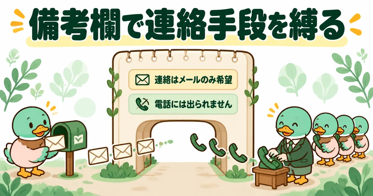 資料請求の備考欄に連絡はメールのみ希望と書くと、電話がメールに変わることを門の絵であいみつが示す図。