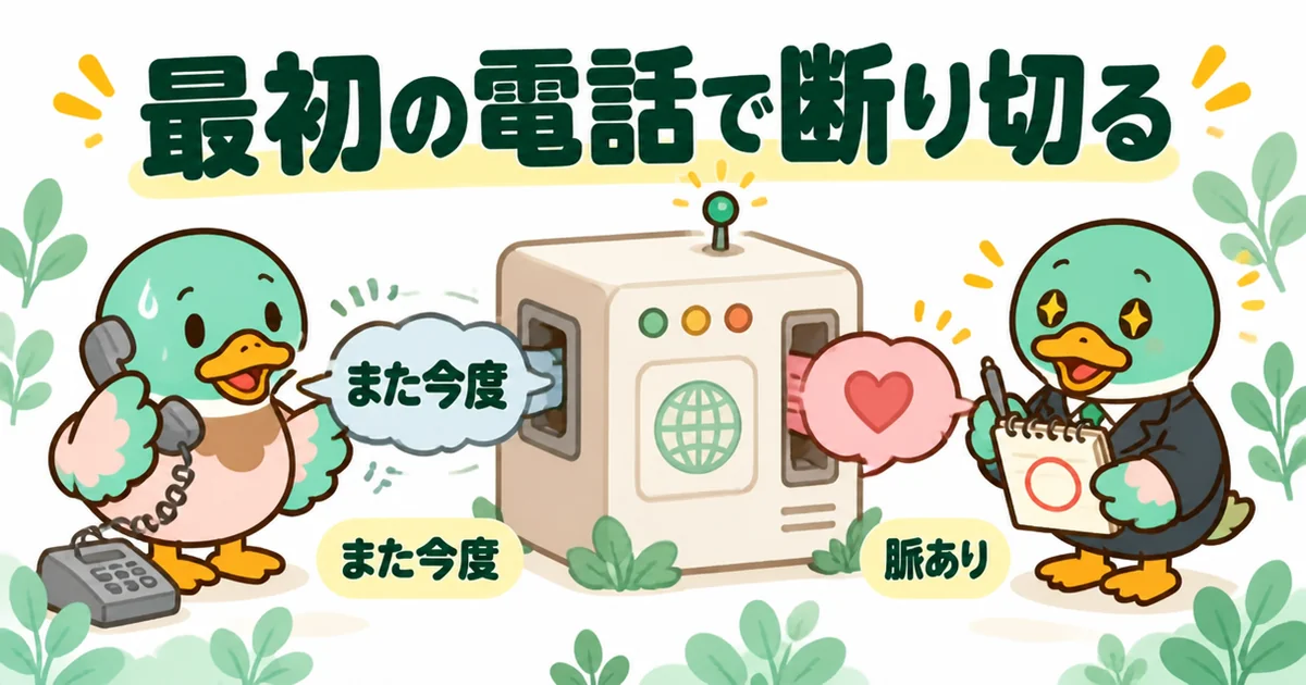 資料請求後の電話で、また今度とあいまいに答えると営業には脈ありと伝わることを翻訳機で表した図。