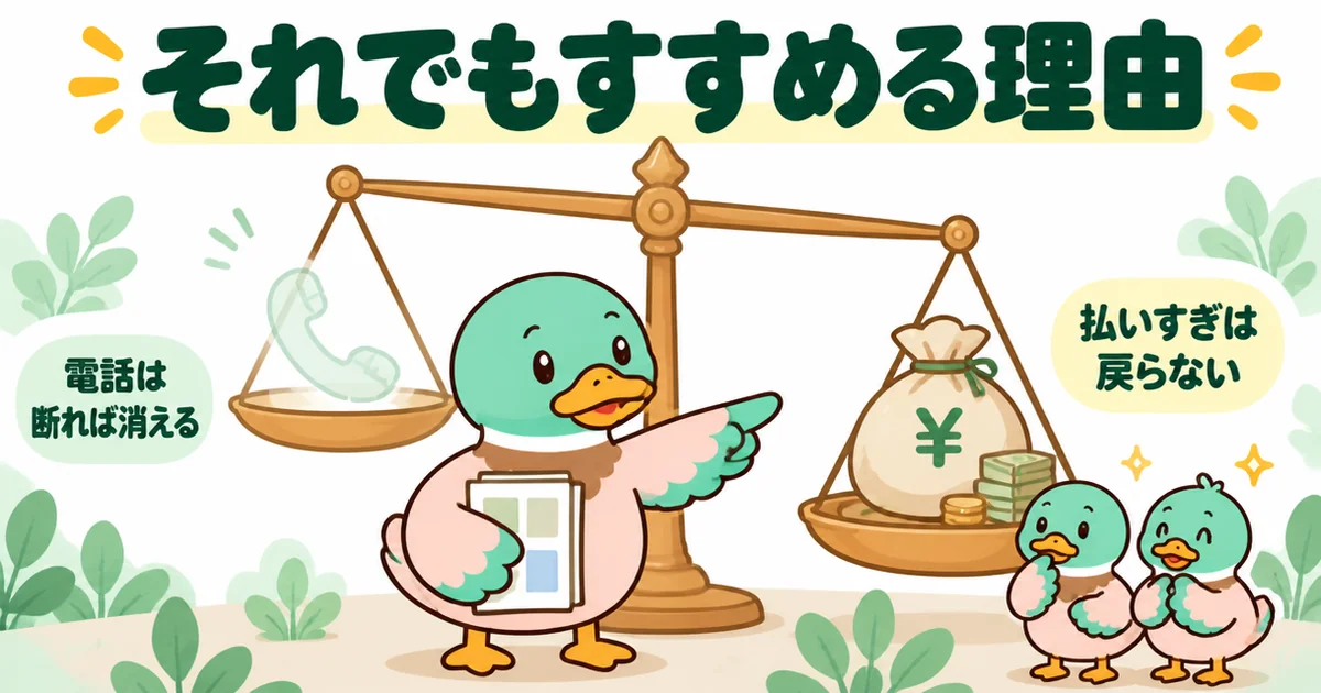 営業電話は断れば消えるが払いすぎたお金は戻らないことを天秤で示し、資料請求をすすめるあいみつの図。