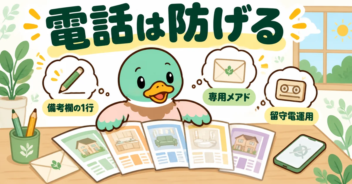 備考欄の1行・専用メアド・留守電運用の3つで電話を防ぎ、落ち着いて注文住宅の資料請求のカタログを比べるあいみつ。