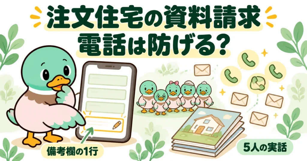 注文住宅の資料請求フォームの前で指が止まるあいみつと、電話を防ぐ備考欄の1行・5人の実話を示すイラスト。