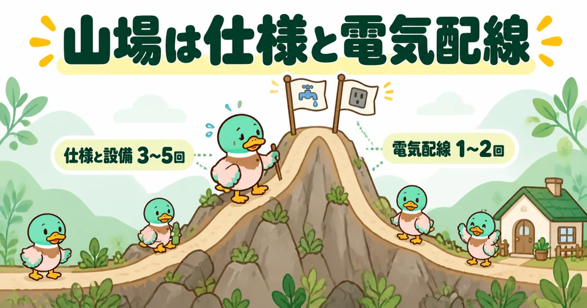 注文住宅の打ち合わせの山場が仕様と設備・電気配線の区間であることを、山道を登るあいみつで示した図解。
