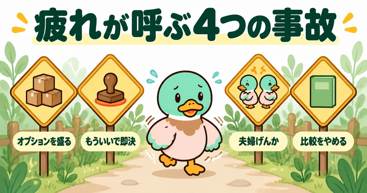 注文住宅の打ち合わせ疲れが呼ぶ4つの事故を、4枚の注意標識とふらふら歩くあいみつで示した図。