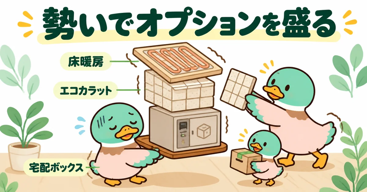 注文住宅の打ち合わせに疲れた12回目すぎ、床暖房などのオプションを勢いで盛ってしまうあいみつのイラスト。
