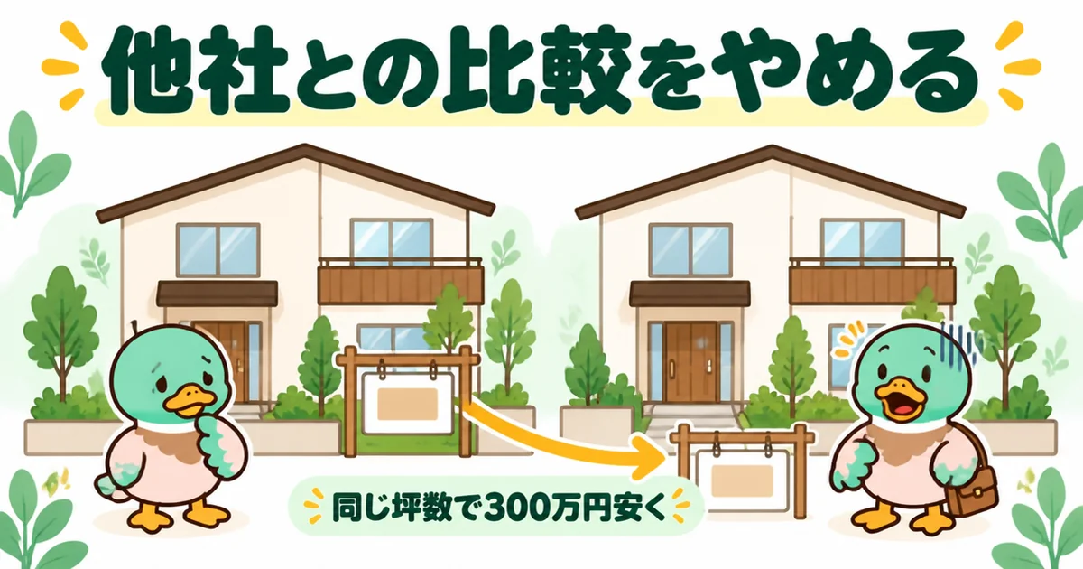 注文住宅で他社との比較をやめて契約し、同僚が同じ坪数で300万円安く建てたと知るあいみつのイラスト。