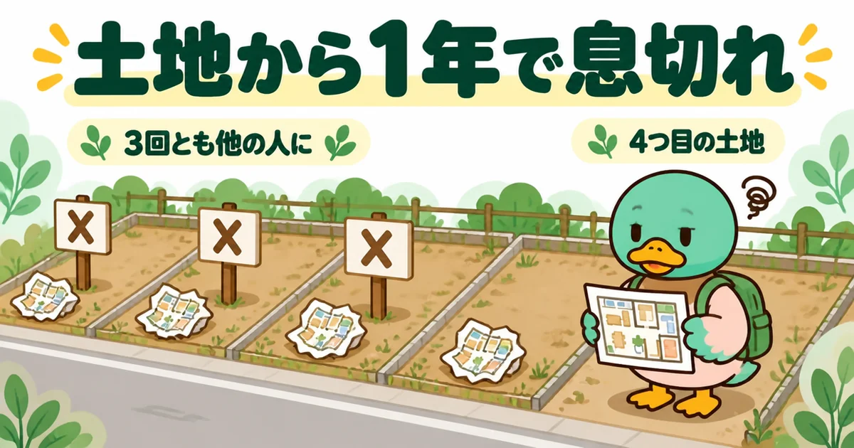 土地探しから注文住宅の打ち合わせが1年続き、4つ目の土地の図面を見ても心が動かない体験談のイラスト。