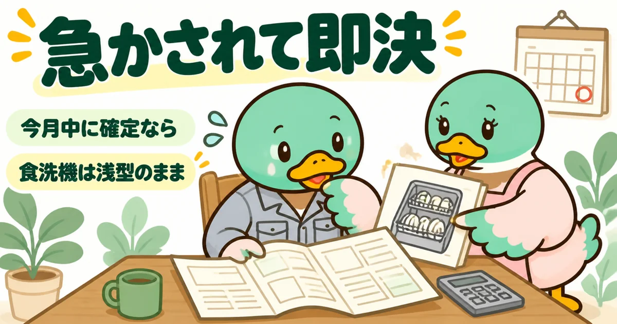 注文住宅の打ち合わせに疲れた時期に今月中の確定を急かされて即決し、食洗機の型が違うと気づく体験談の場面。