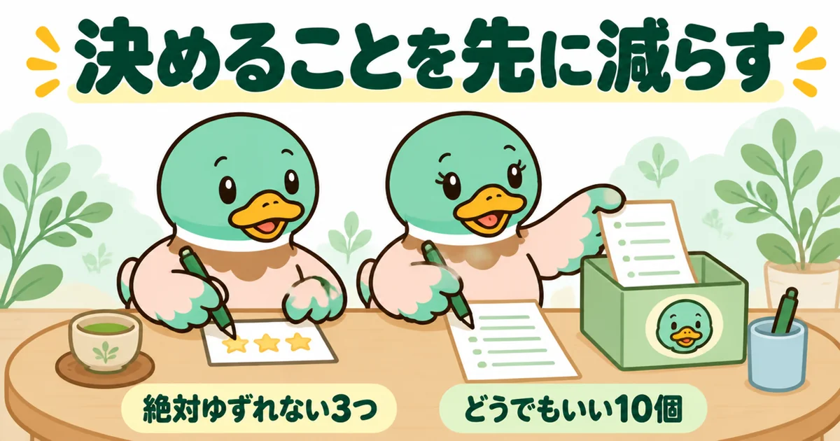 注文住宅の打ち合わせの前に、絶対ゆずれない3つとどうでもいい10個を夫婦で紙に書き分けるイラスト。